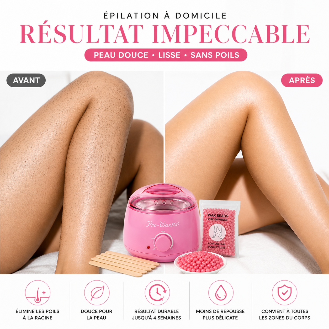 Kit Épilation Complet Chauffe-Cire – Appareil + Perles + Spatules (Rose)