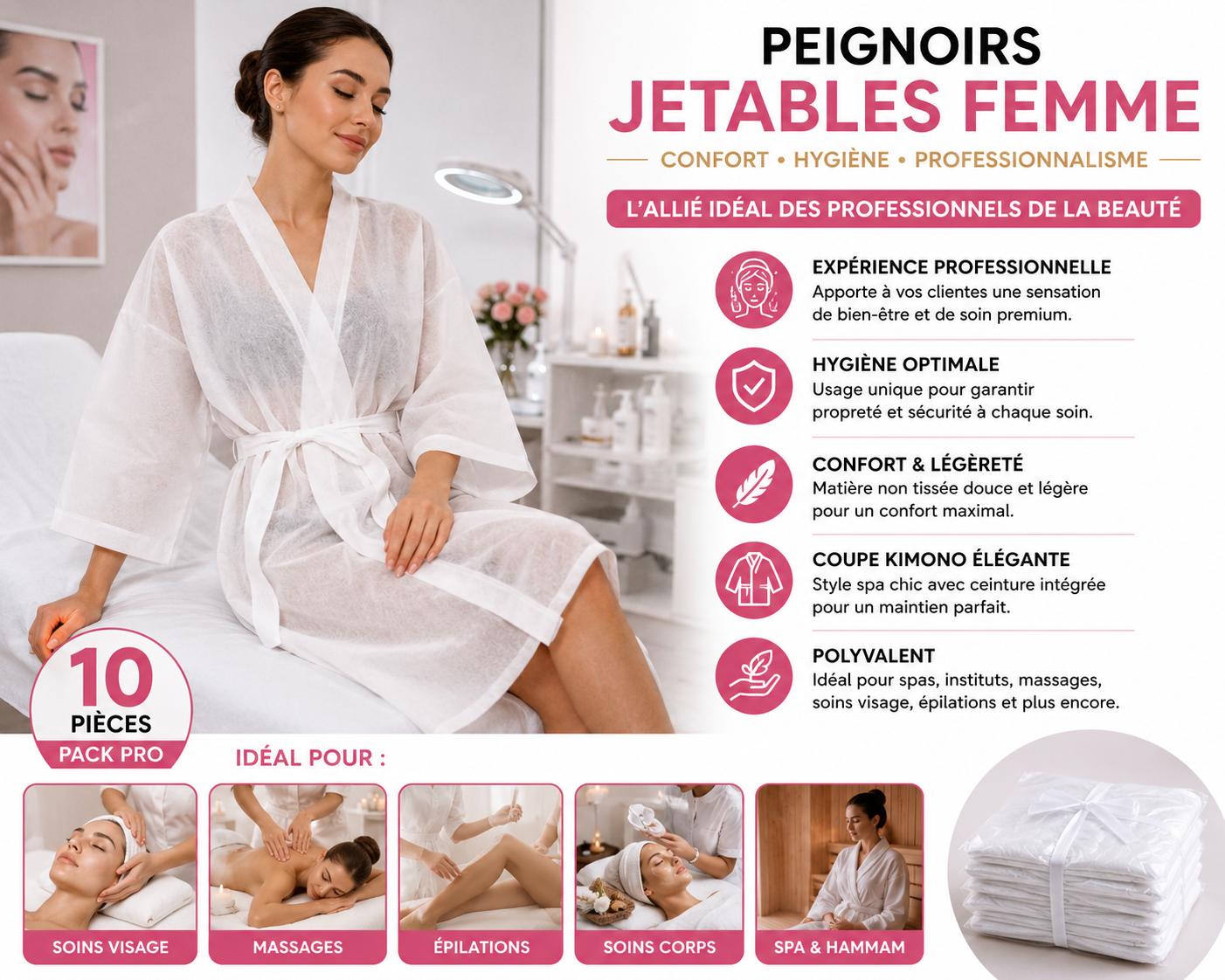 Pack de 10 Peignoirs Jetables Femme – Kimono Blanc Non Tissé pour Spa, Institut & Esthétique