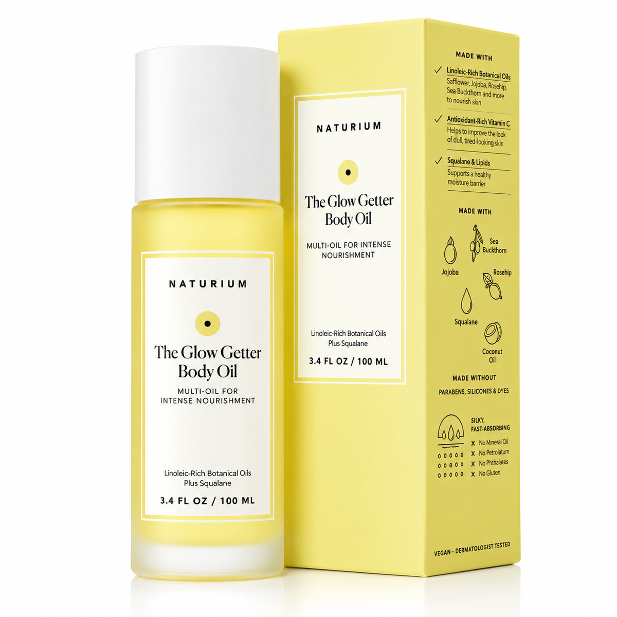 NATURIUM The Glow Getter Body Oil – Huile Corporelle Nourrissante Multi-Huiles au Squalane – Hydratation Intense & Éclat – 100 ml