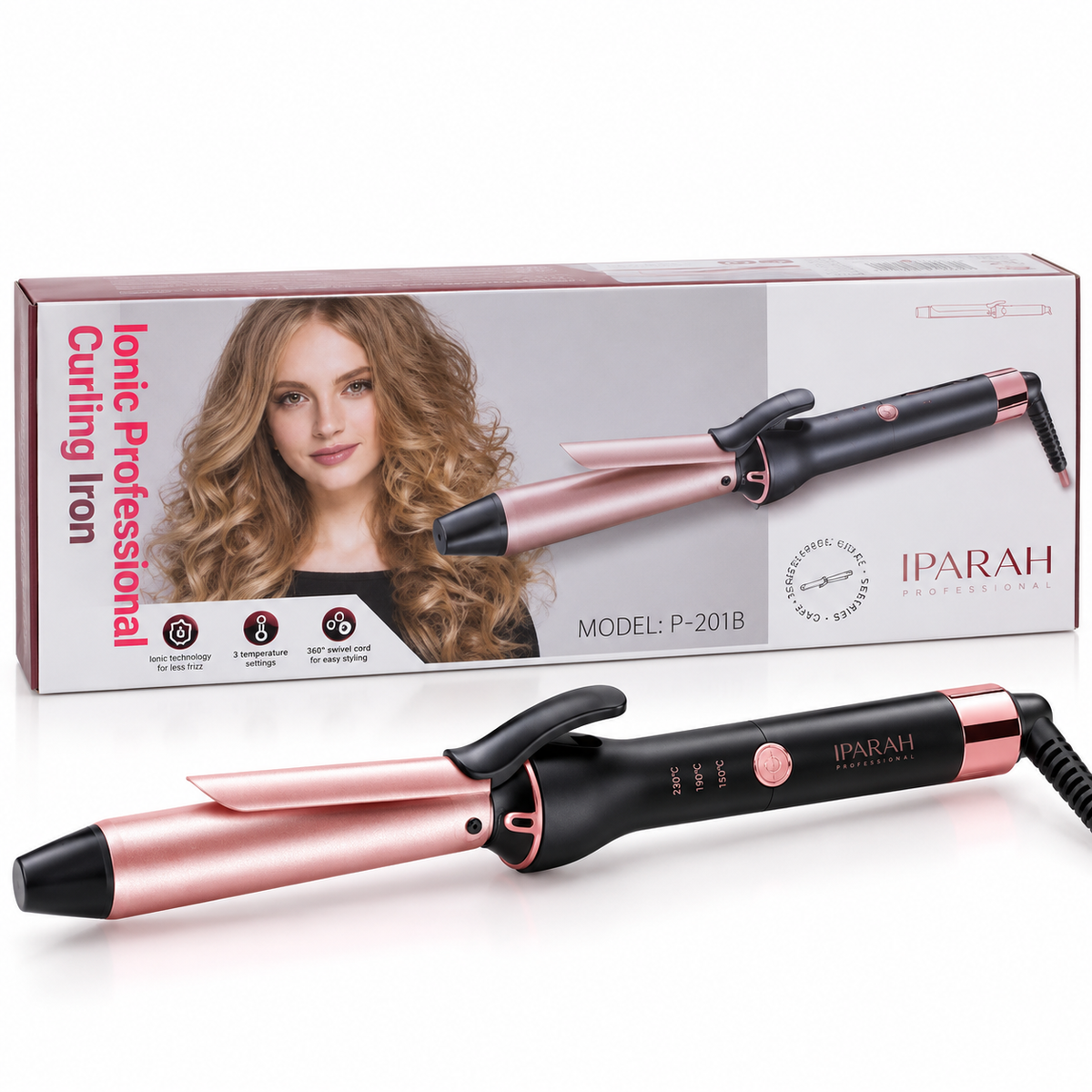 IPARAH P-201 – Fer à Boucler Professionnel Ionique 25 mm – Boucleur en Céramique, Chauffe Rapide PTC, 3 Températures Réglables – Rose Gold & Noir