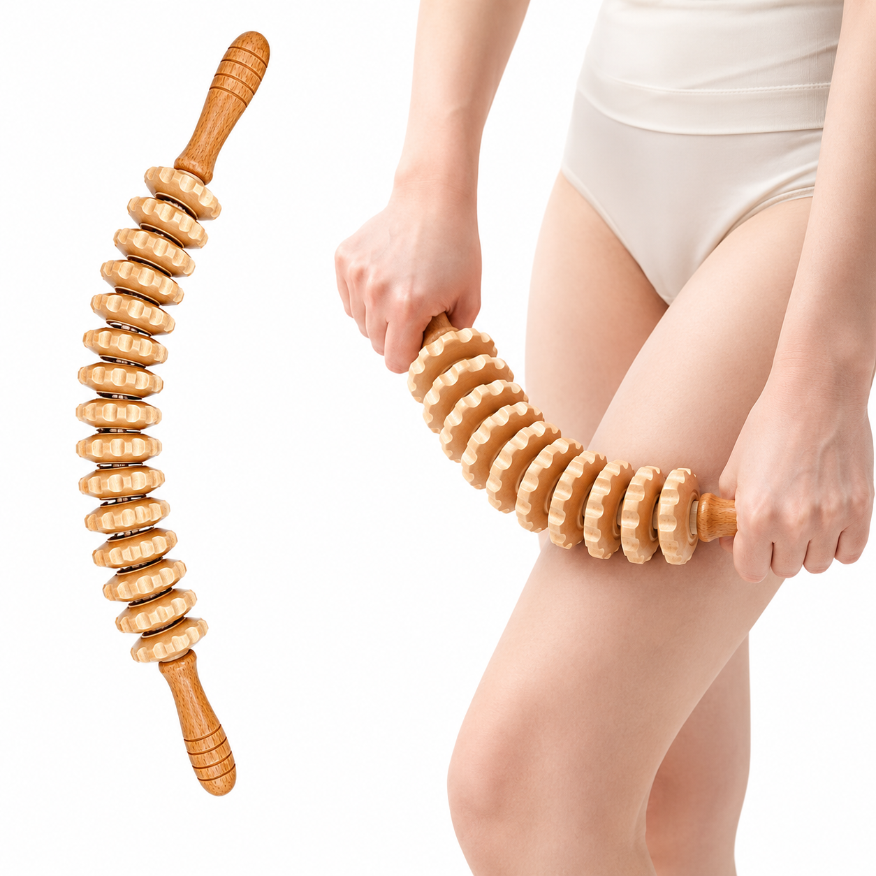 Rouleau de Massage Corporel en Bois Incurvé 45 cm – 12 Roues & Poignées Ergonomiques