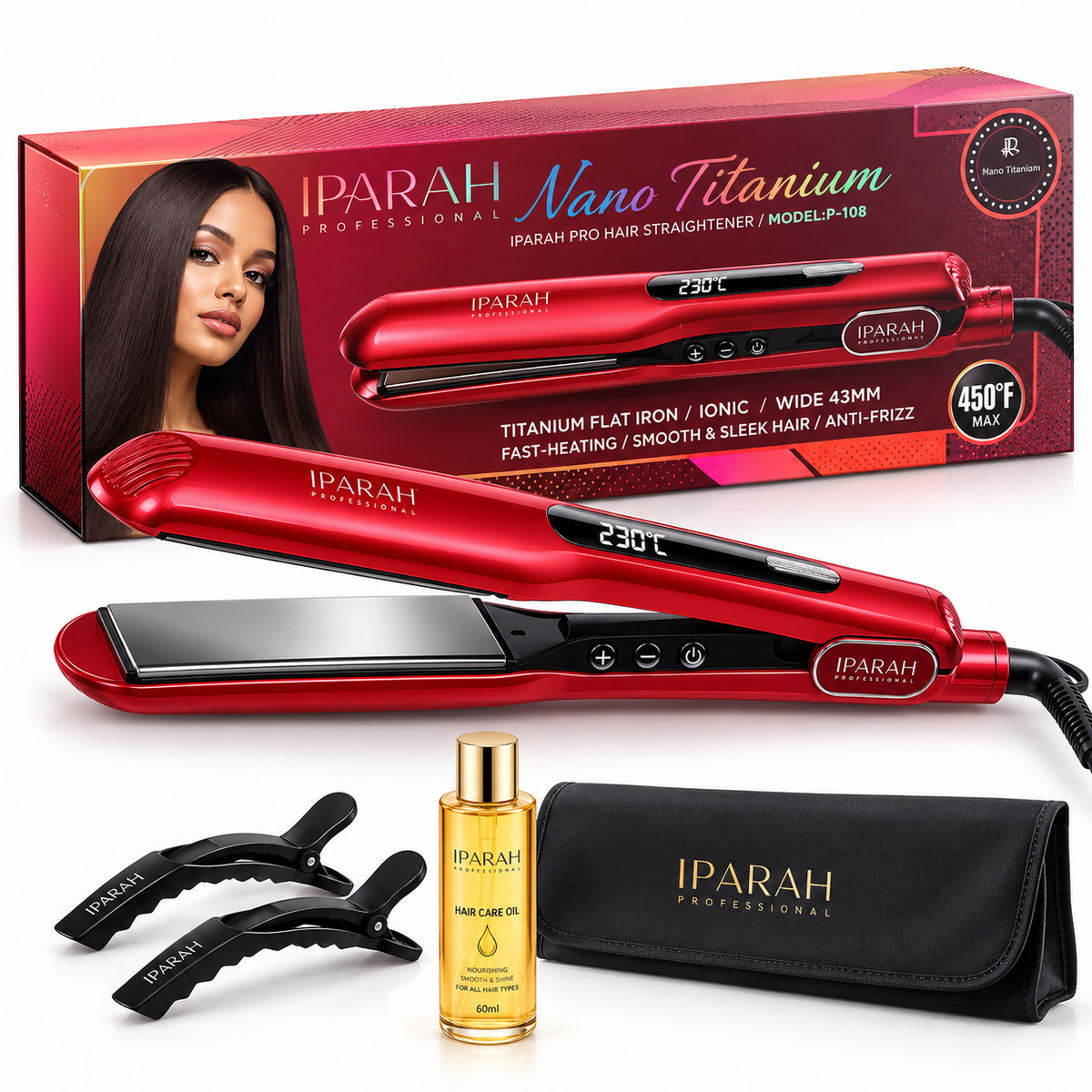 IPARAH Nano Titanium P-108 – Lisseur Professionnel à Plaques Larges 43 mm avec Écran Digital – Rouge