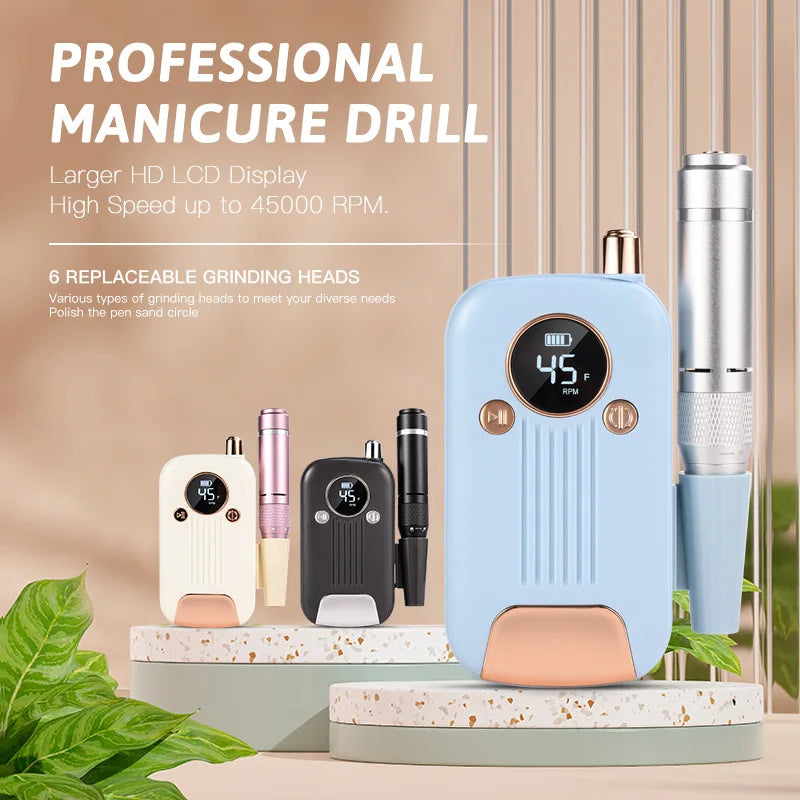 Ponceuse à Ongles Professionnelle 45 000 tr/min – Perceuse Électrique Portable Rechargeable Avec 8 Embouts