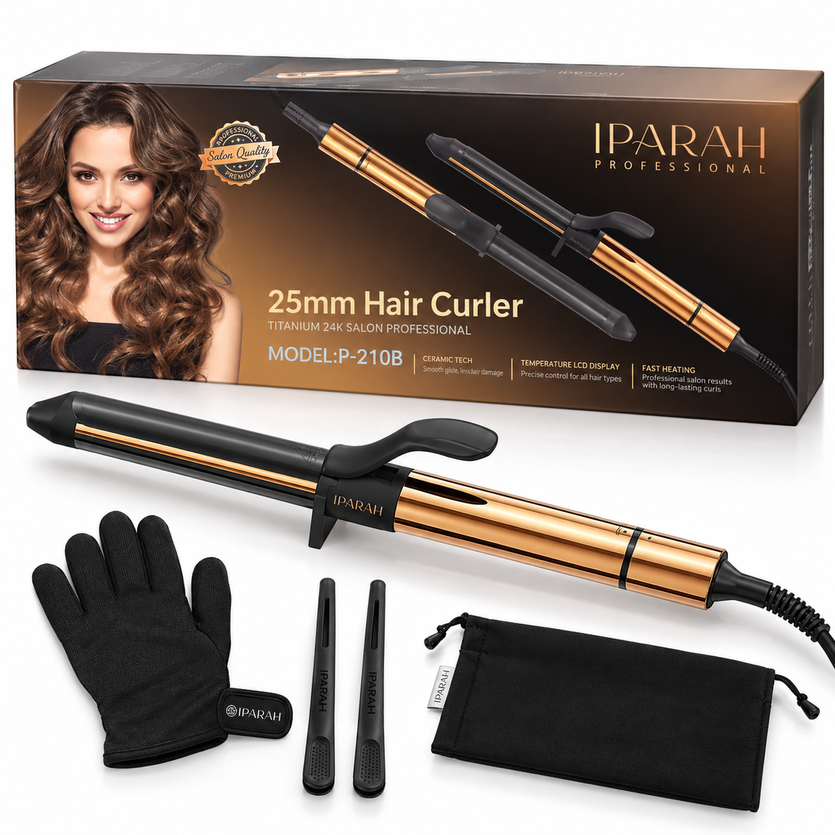 IPARAH P-210B – Fer à Boucler Professionnel 25 mm Ionique – Revêtement Céramique, Double Chauffe PTC, 65 W, Température Réglable 80–230 °C – Noir & Or