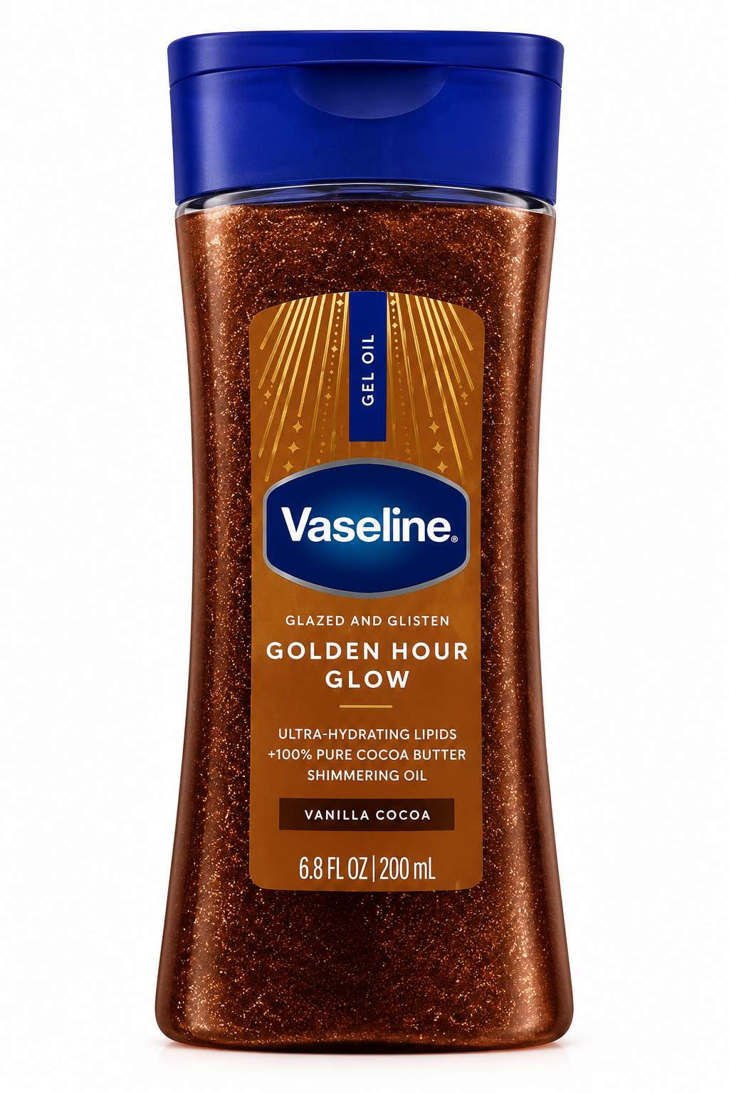 Vaseline Glazed & Glisten Golden Hour Glow – Gel-Huile Corporel Scintillant au Beurre de Cacao – Vanilla Cocoa – 200 ml