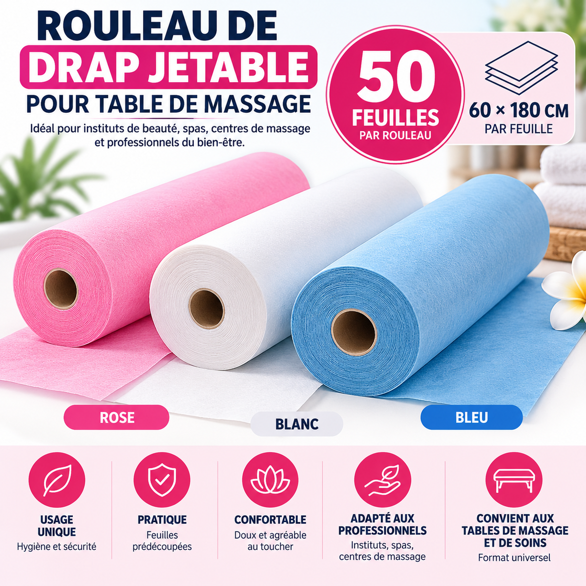 Rouleau Drap Jetable Table de Massage 50 Feuilles 60 x 180 cm - Rose Blanc Bleu