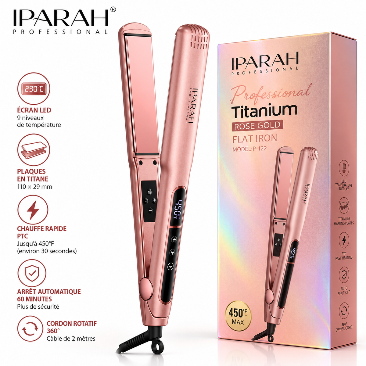 IPARAH P-122 – Lisseur Professionnel Titanium à Plaques en Titane – Chauffe Rapide PTC, Écran LED et Température Réglable – Rose Gold
