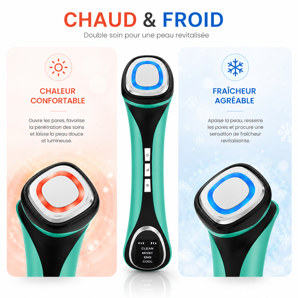 Appareil de Soin du Visage 4-en-1 Chaud et Froid – Clean, Moist, EMS & Cool