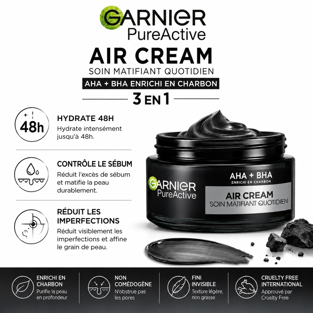 Garnier Pure Active Air Cream – Soin Matifiant Quotidien 3-en-1 AHA + BHA Enrichi En Charbon
