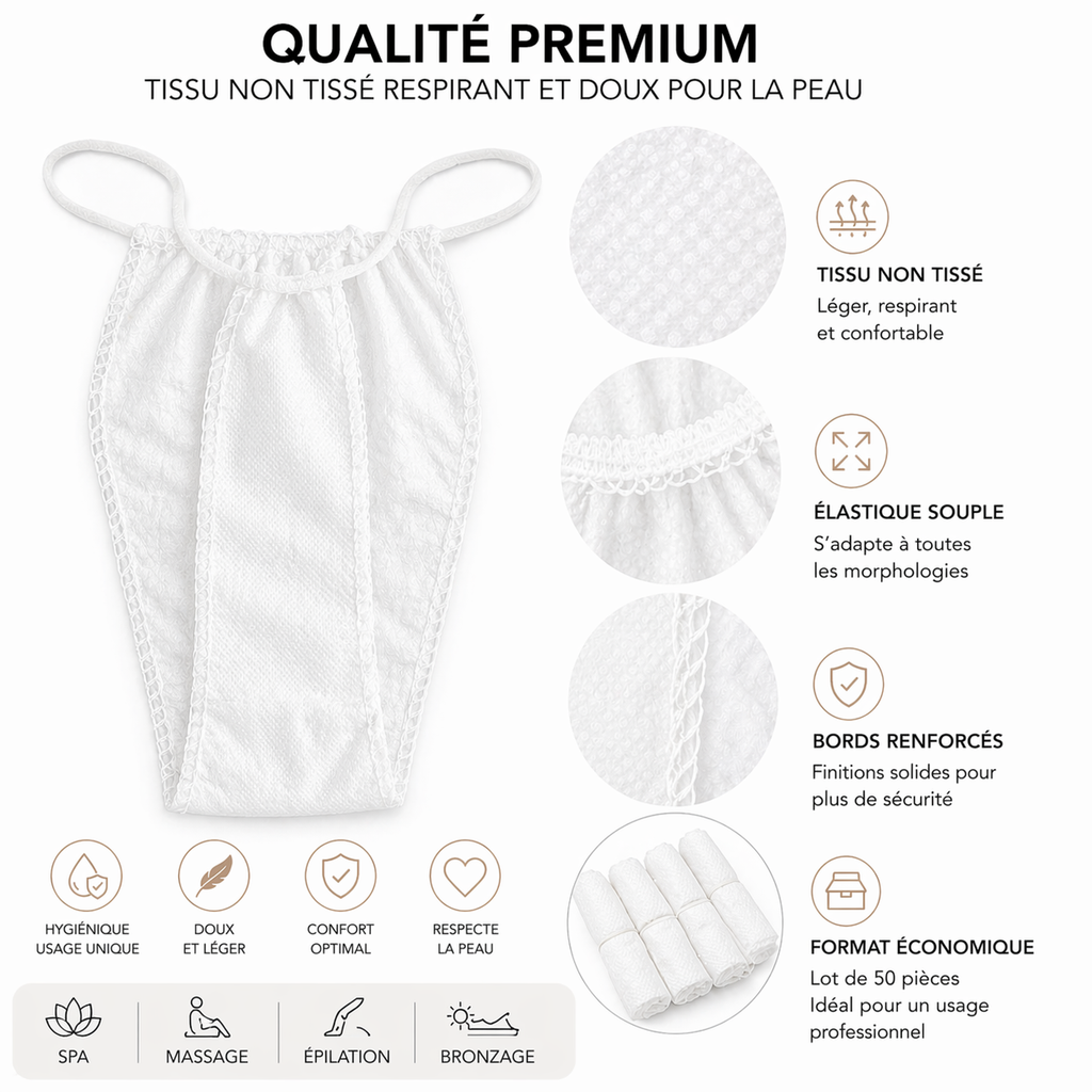 Lot de 50 Culottes String Jetables Blanches – Sous-Vêtements Spa & Soins Esthétiques