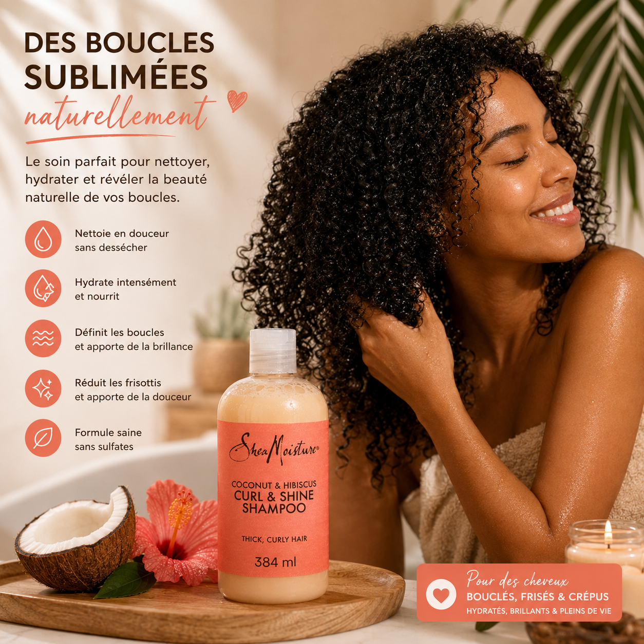 SheaMoisture Coconut & Hibiscus Curl & Shine Shampoo 384ml – Shampooing Boucles & Brillance Pour Cheveux Bouclés, Frisés & Crépus
