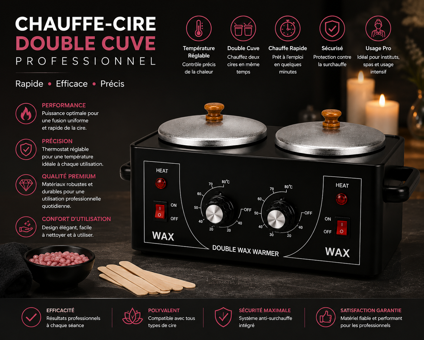 Chauffe-Cire Double Cuve Professionnel – Appareil Épilation 2 Bacs Réglables