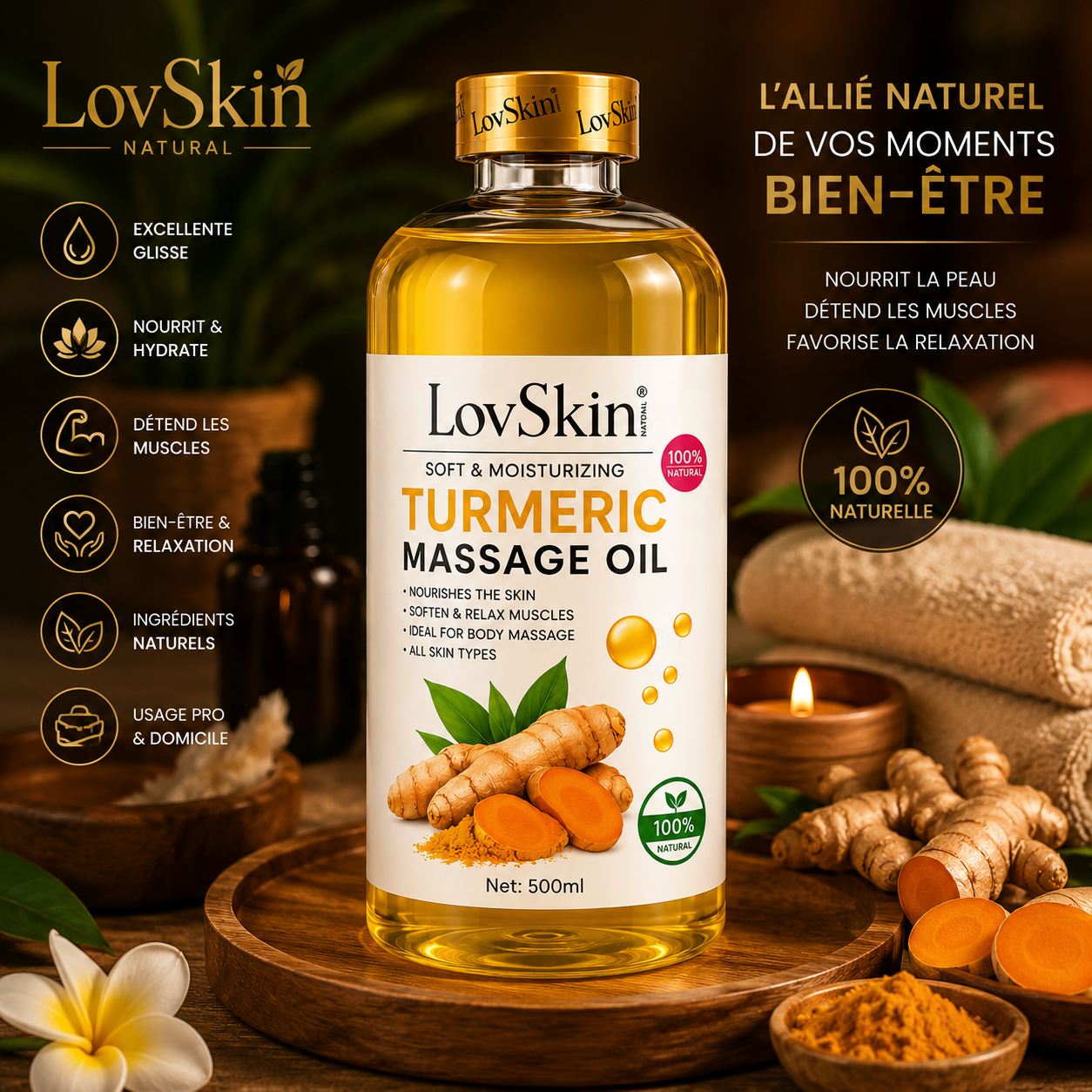 Huile De Massage Curcuma (Turmeric Massage Oil) LovSkin – 500 ml
