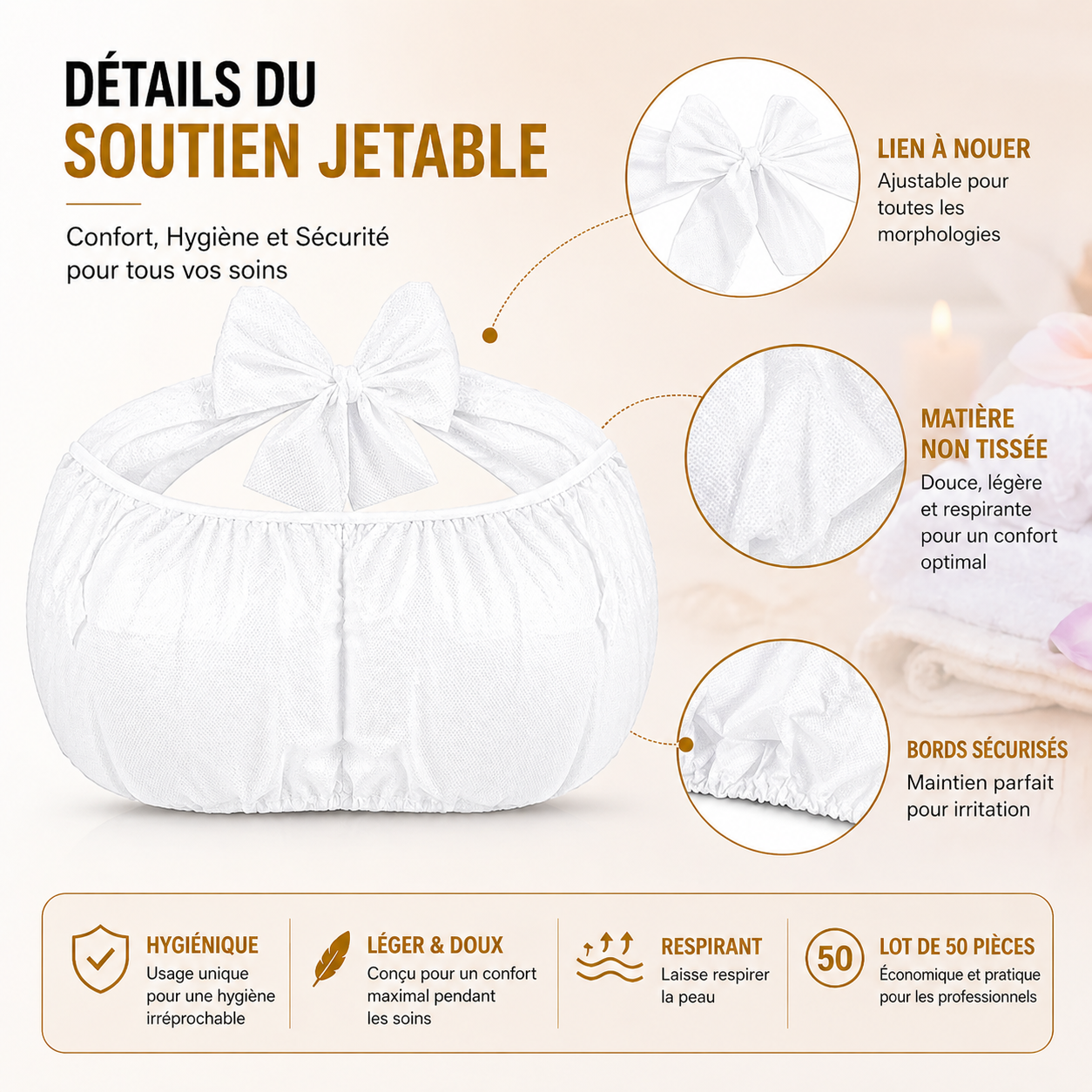 Lot de 50 Soutiens-Gorge Jetables Blancs – Non Tissé, Usage Unique, Spa & Institut Beauté