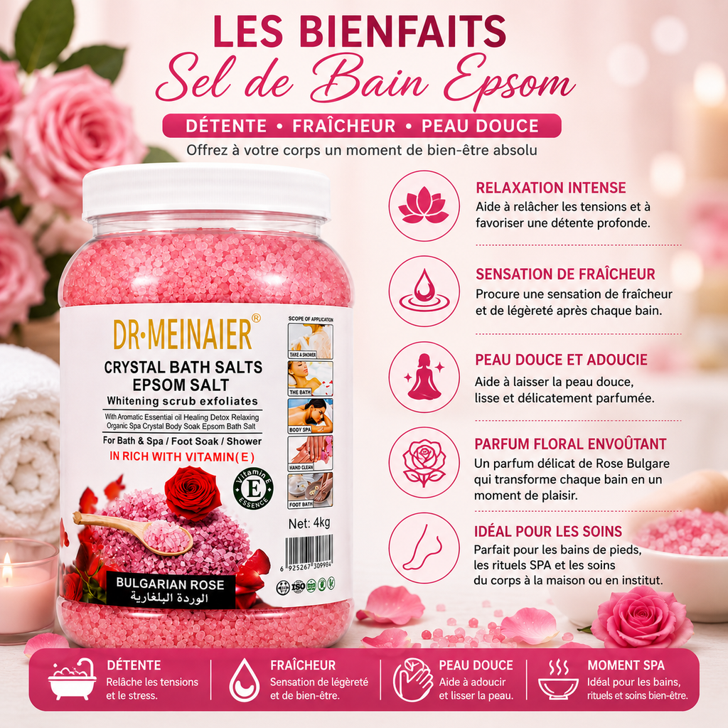 Sel de Bain Epsom Cristallin Rose Bulgare 4Kg – Bain Relaxant Corps, Mains et Pieds SPA Professionnel
