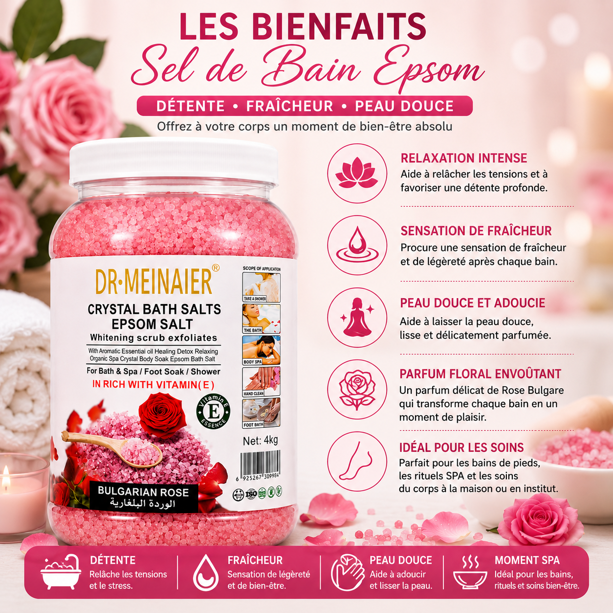 Sel de Bain Epsom Cristallin Rose Bulgare 4Kg – Bain Relaxant Corps, Mains et Pieds SPA Professionnel
