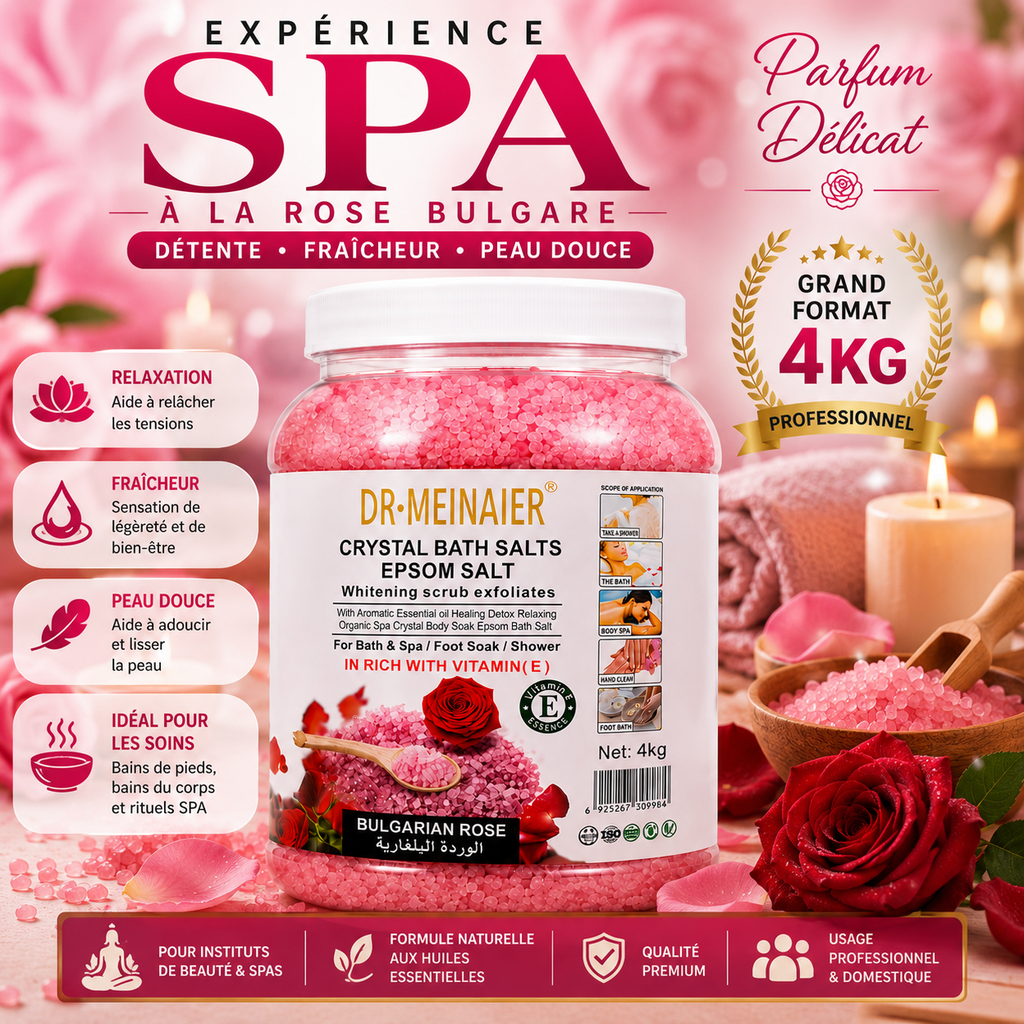 Sel de Bain Epsom Cristallin Rose Bulgare 4Kg – Bain Relaxant Corps, Mains et Pieds SPA Professionnel