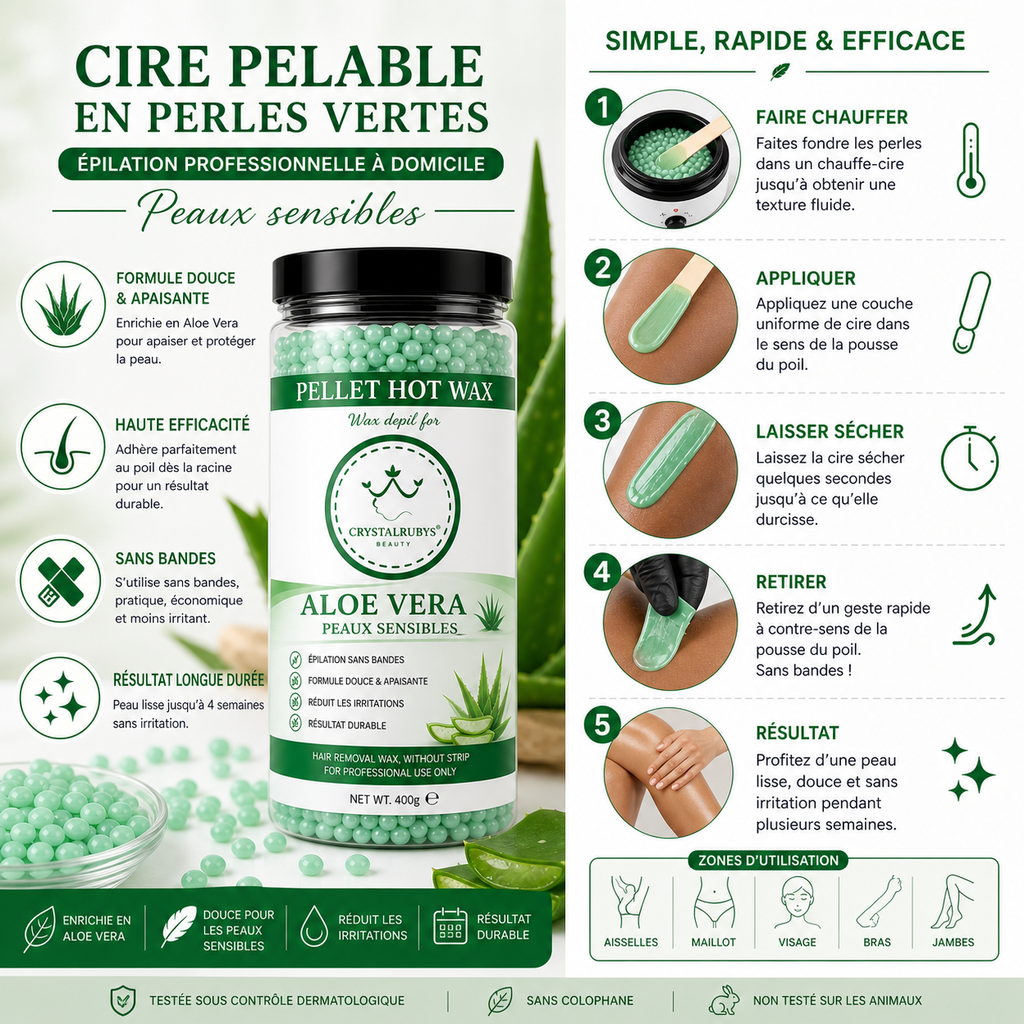Cire Pelable en Perles Vertes – Épilation Sans Bandes Peaux Sensibles