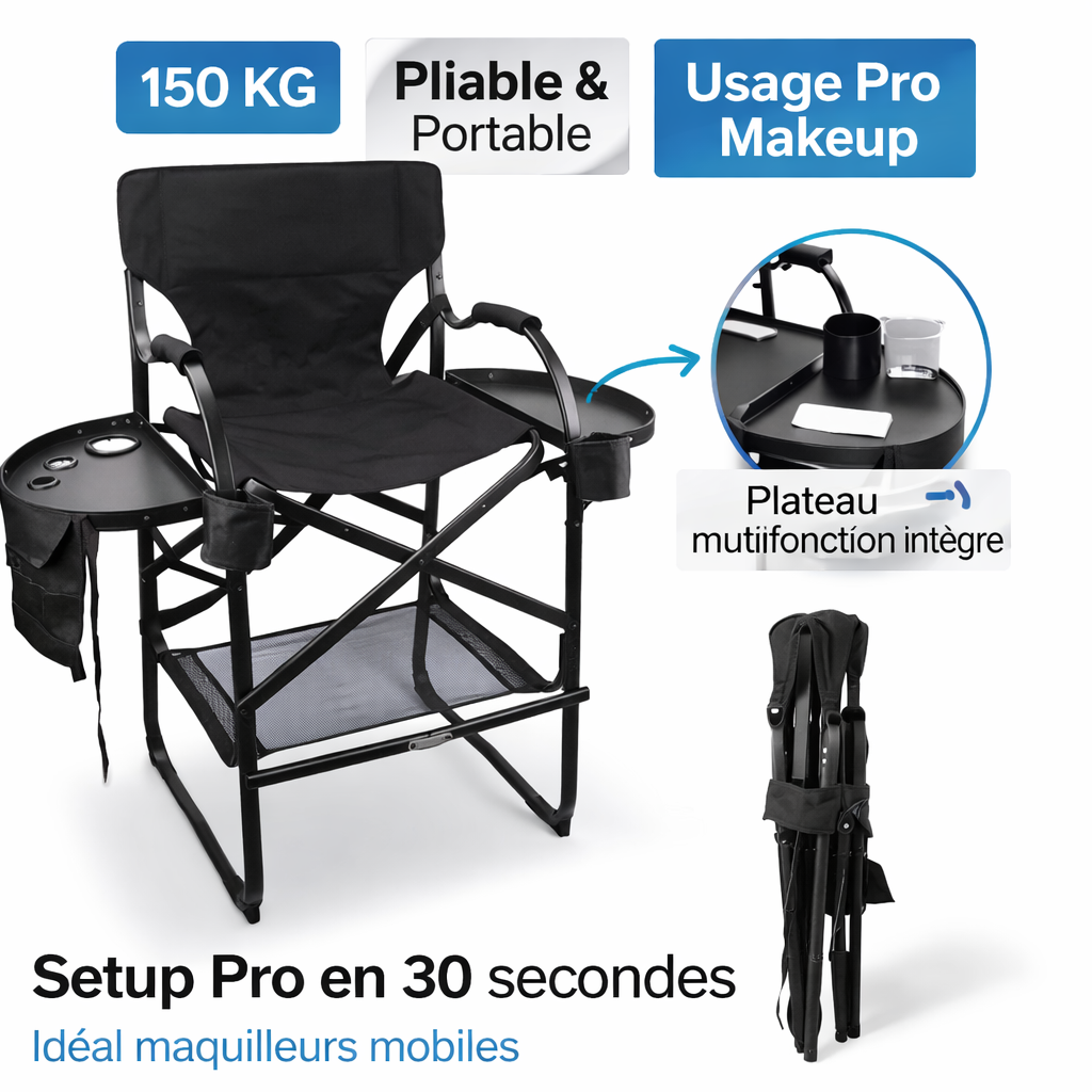 Chaise Maquillage Professionnelle Pliante avec Plateau & Rangement – Portable & Robuste 150kg
