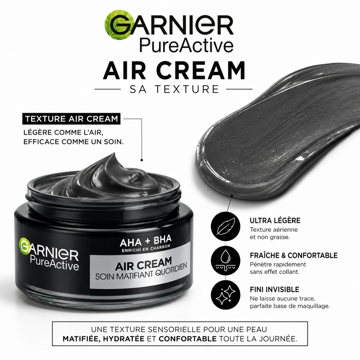 Garnier Pure Active Air Cream – Soin Matifiant Quotidien 3-en-1 AHA + BHA Enrichi En Charbon