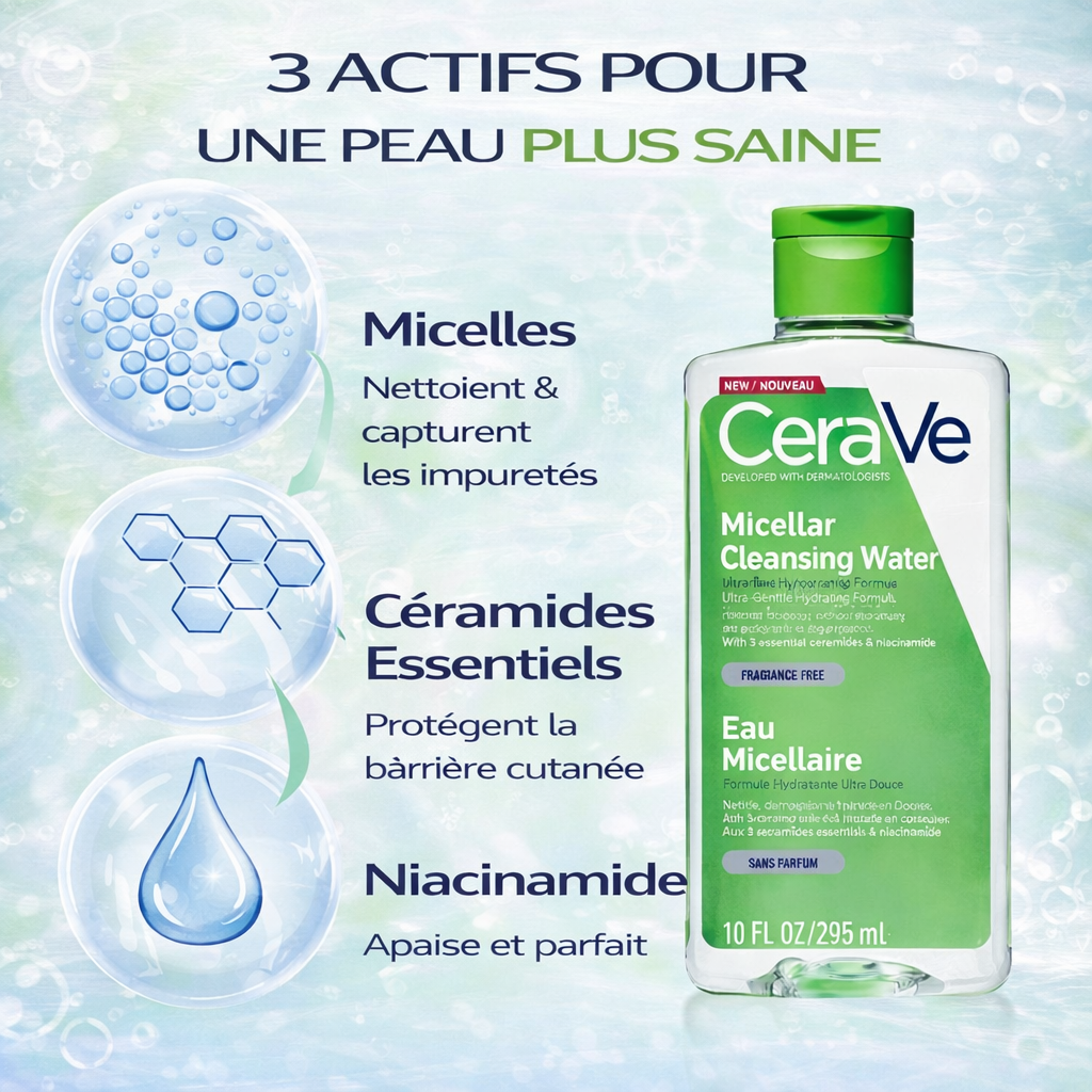 CeraVe Eau Micellaire Nettoyante – Démaquille & Nettoie – Peaux Sensibles 295ml