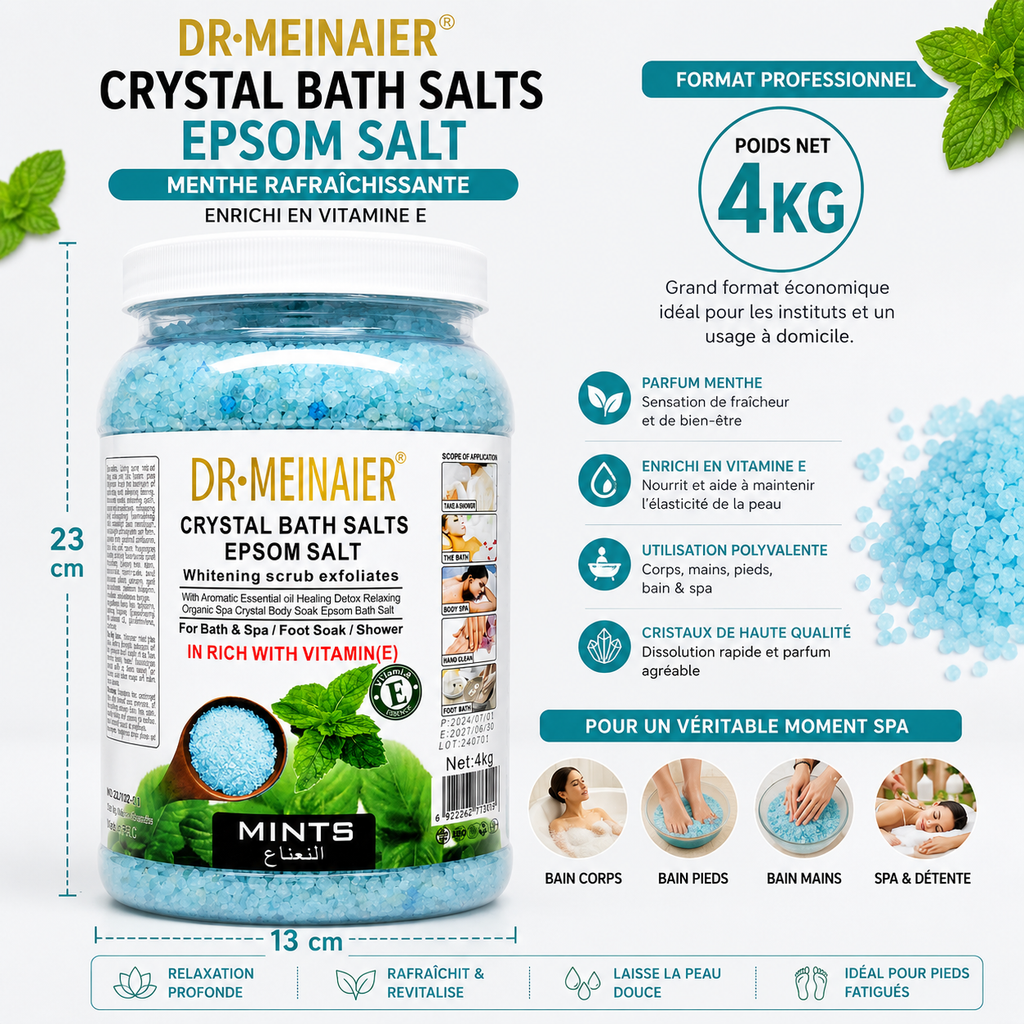 Sels De Bain Epsom Menthe 4KG – Bain Relaxant Rafraîchissant Corps, Mains & Pieds