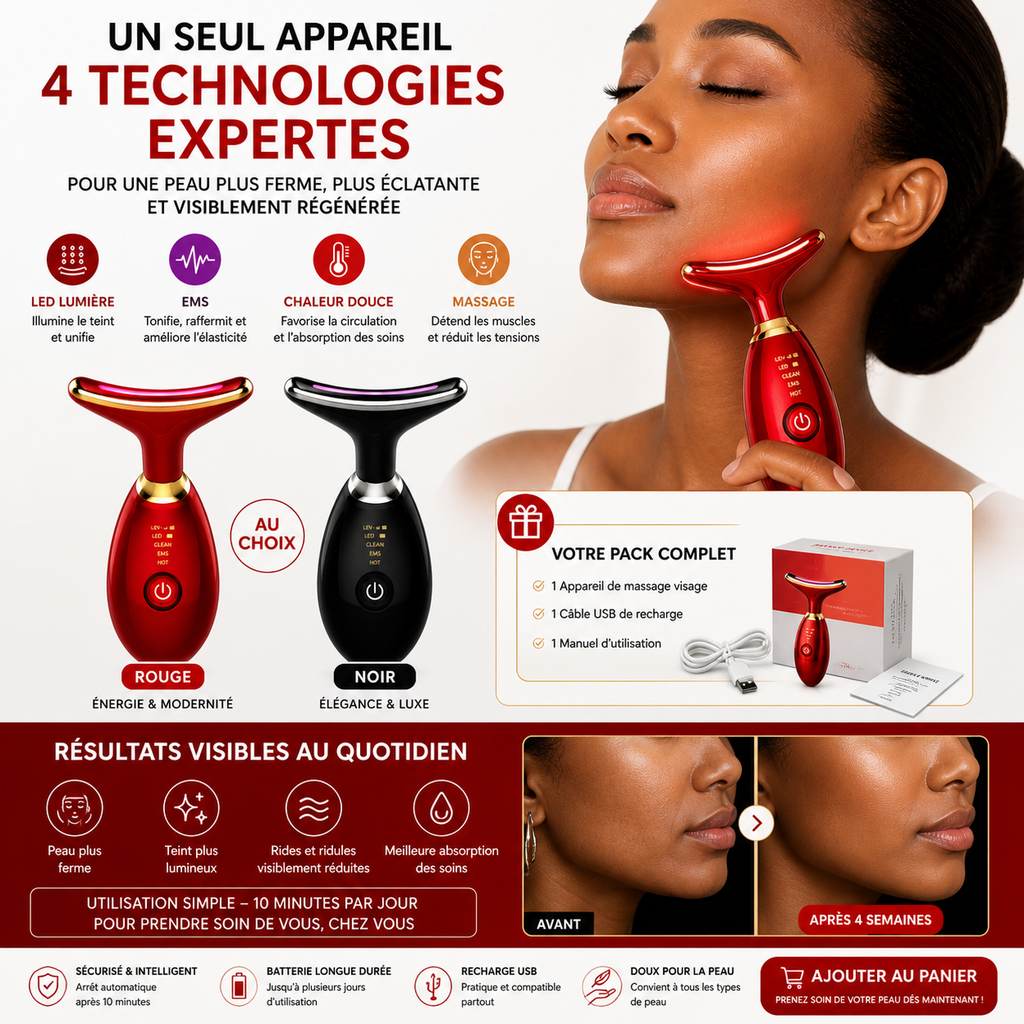 Appareil de Massage Visage LED & EMS 7 Couleurs – Outil Beauté Électrique Éclat & Détente (Blanc / Noir / Rouge)