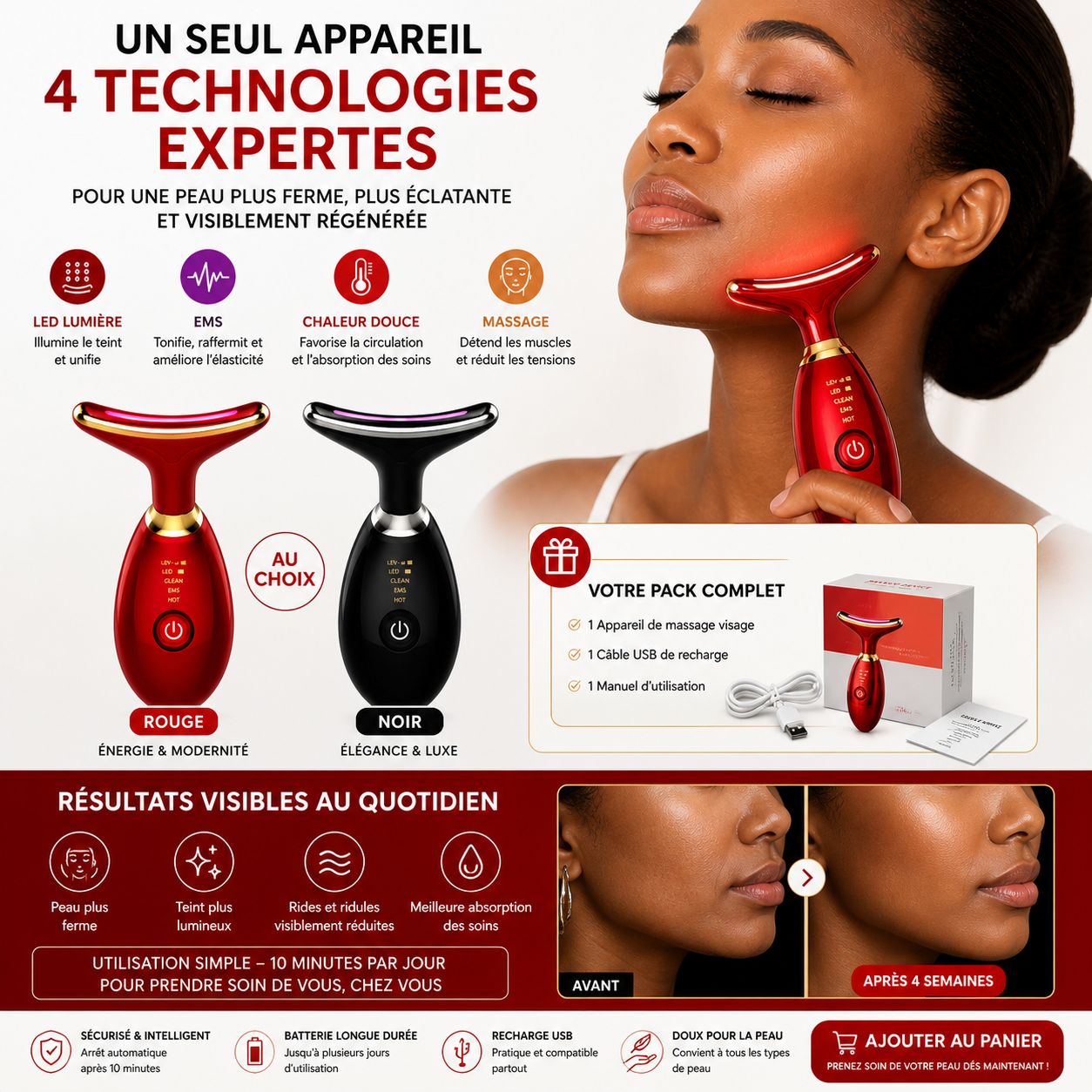Appareil de Massage Visage LED & EMS 7 Couleurs – Outil Beauté Électrique Éclat & Détente (Blanc / Noir / Rouge)