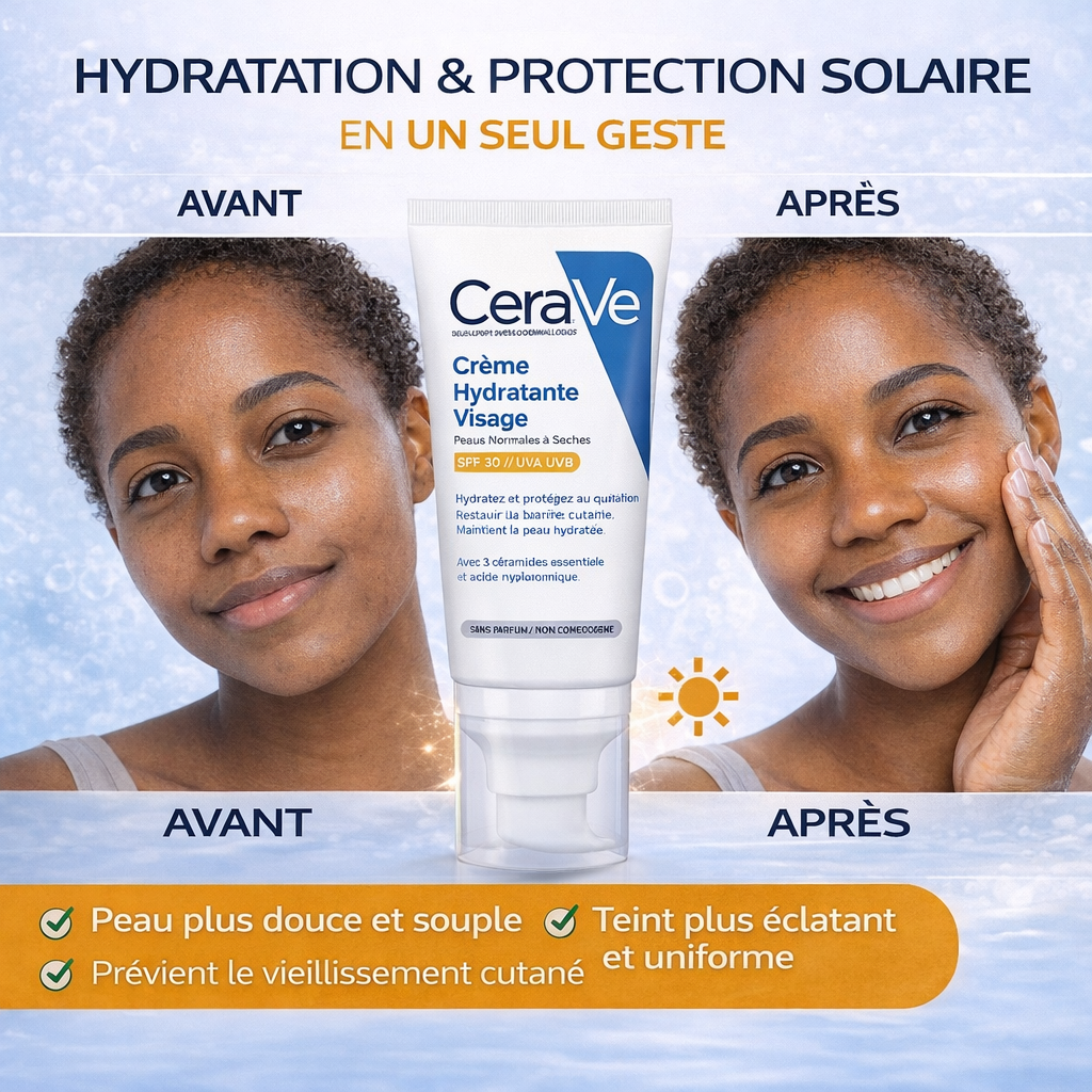 CeraVe Crème Hydratante Visage SPF30 – Hydratation & Protection UV – Peaux Normales à Sèches