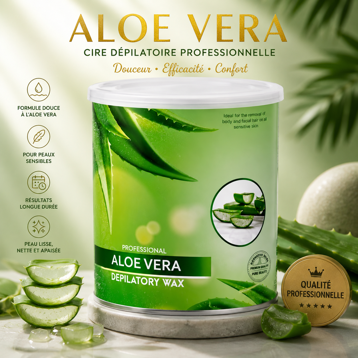 Cire Dépilatoire Professionnelle Aloe Vera 800 g – Peaux Sensibles