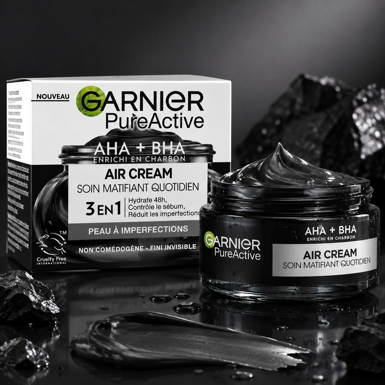 Garnier Pure Active Air Cream – Soin Matifiant Quotidien 3-en-1 AHA + BHA Enrichi En Charbon