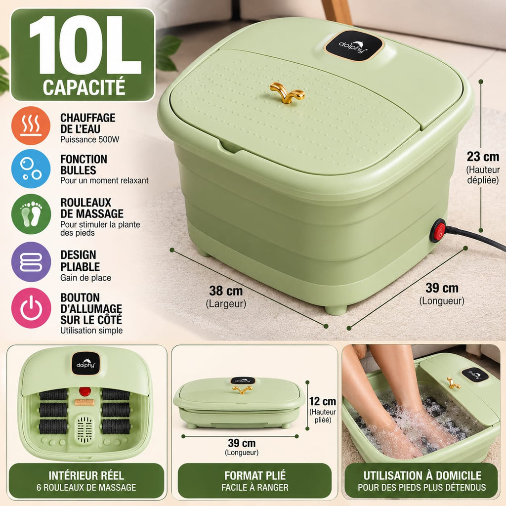Bain de Pieds Électrique Pliable 10L – Spa Chauffant 500W avec Bulles et Rouleaux de Massage – Vert Sauge