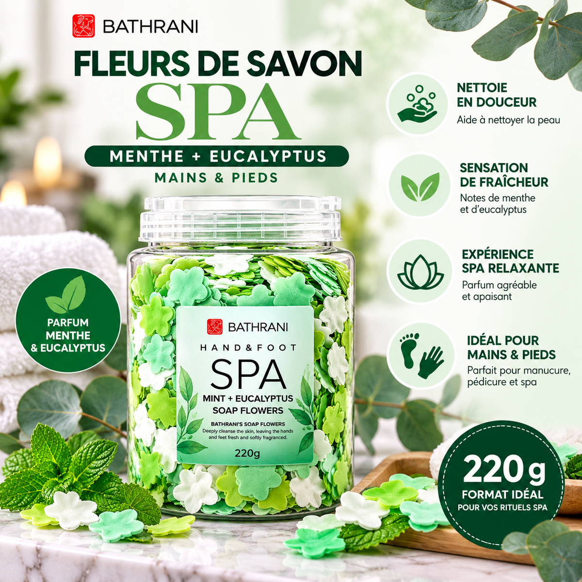 BATHRANI Fleurs de Savon Spa Menthe & Eucalyptus Mains & Pieds 220 g / 800g