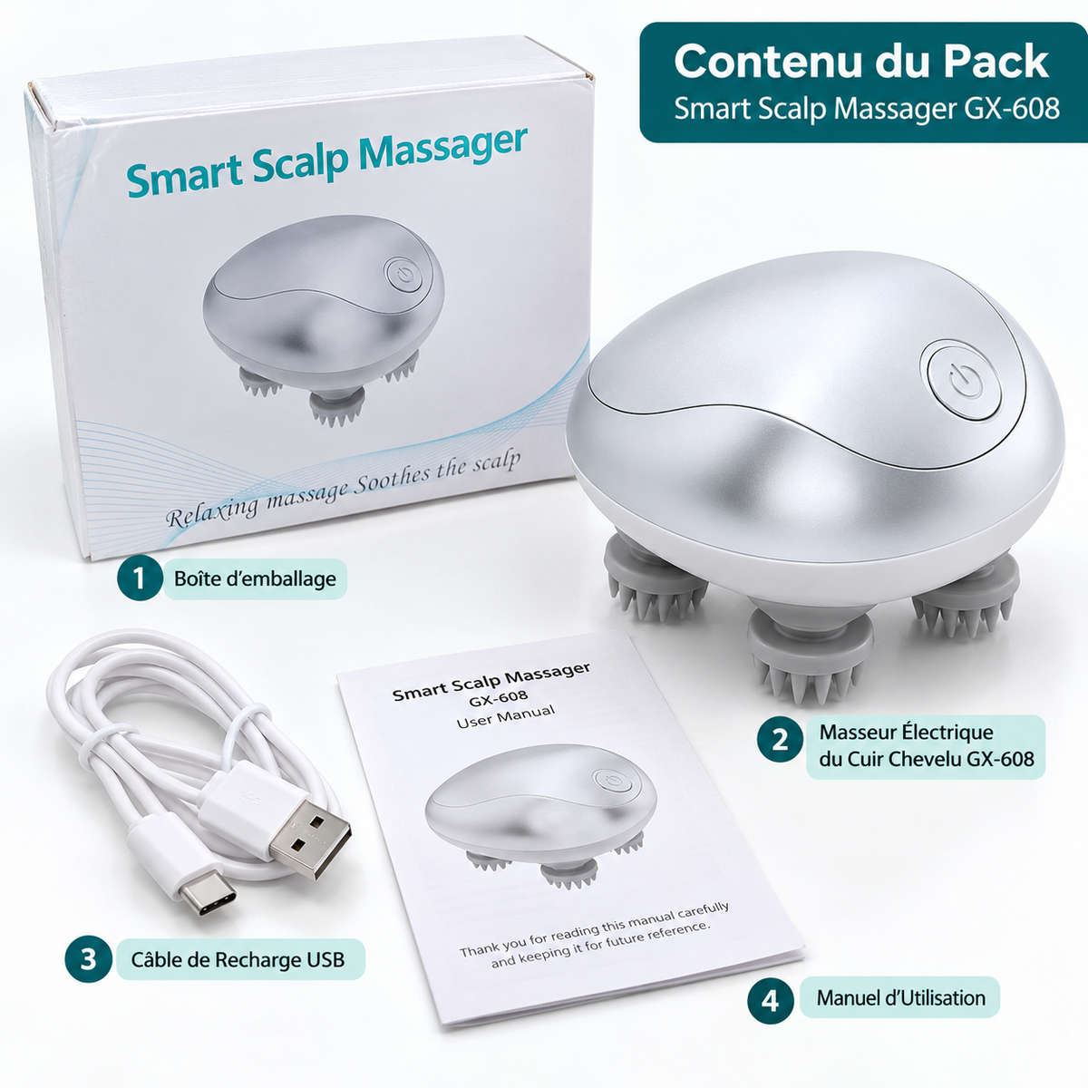 Masseur Électrique du Cuir Chevelu GX-608 – Appareil de Massage Crânien 3D Relaxant – 5W – Blanc