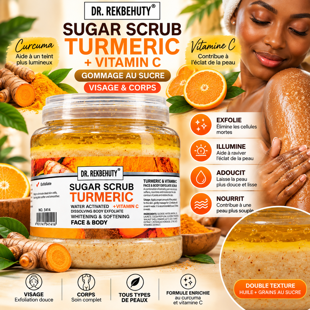 DR. REKBEHUTY Gommage au Sucre Curcuma & Vitamine C – Visage & Corps