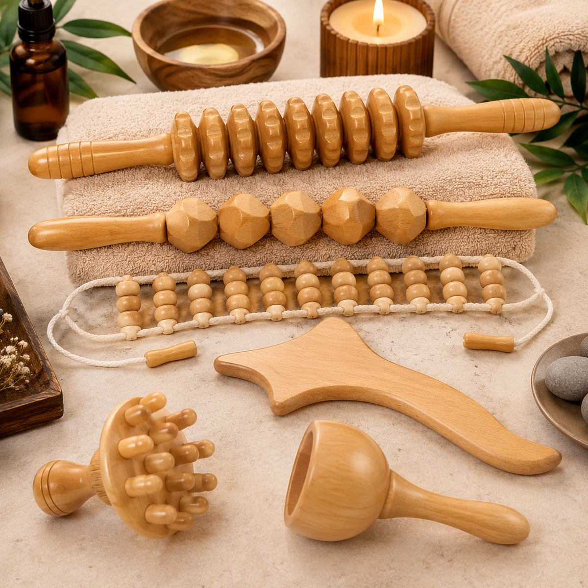 Kit Professionnel de Madérothérapie en Bois – 6 Pièces pour Massage & Modelage Corporel