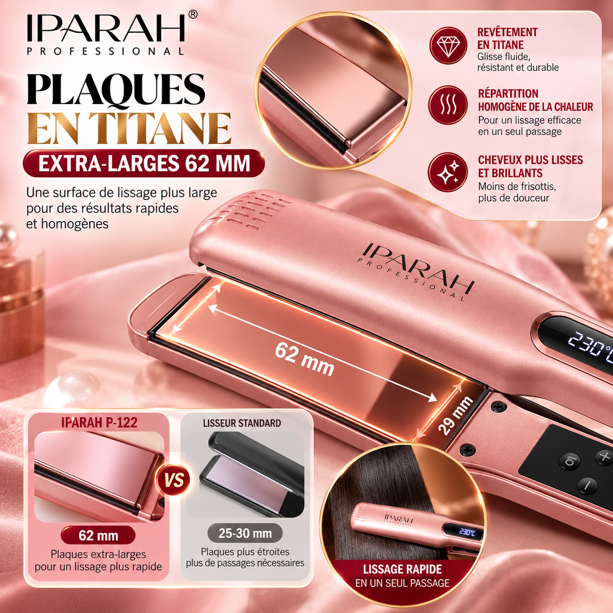 IPARAH P-122 – Lisseur Professionnel Titanium à Plaques en Titane – Chauffe Rapide PTC, Écran LED et Température Réglable – Rose Gold