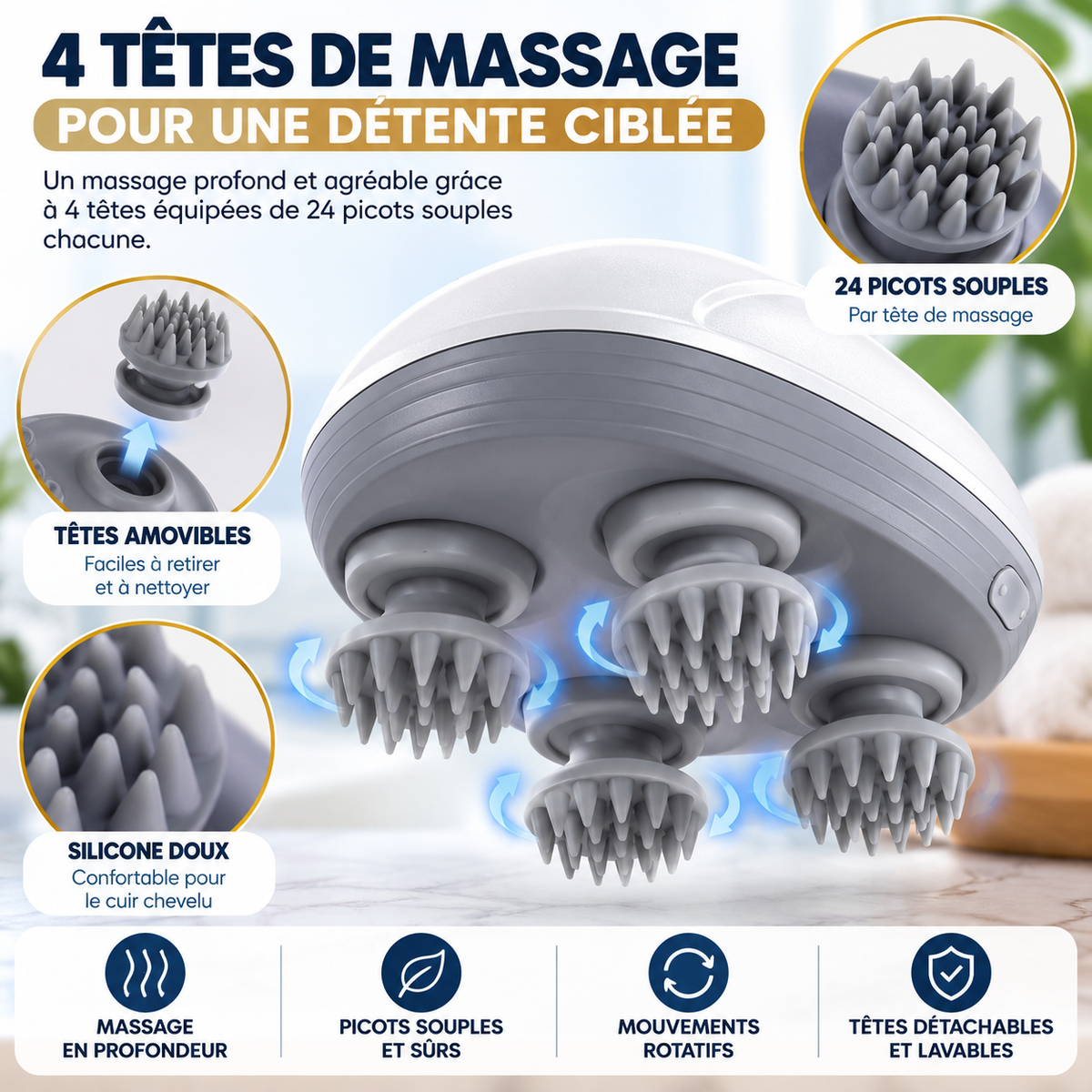 Masseur Électrique du Cuir Chevelu OSK-701 – 4 Têtes de Massage, 3 Vitesses Réglables – 5W – Blanc