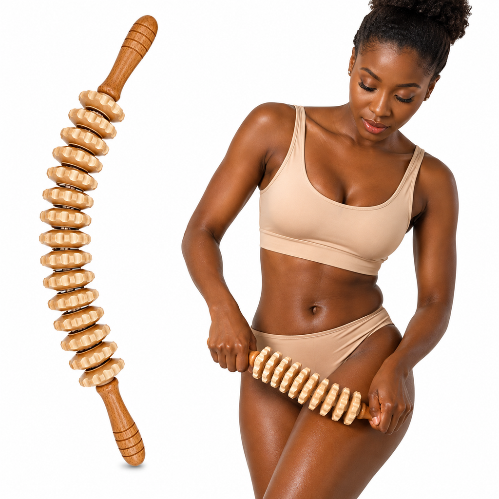 Rouleau de Massage Corporel en Bois Incurvé 45 cm – 12 Roues & Poignées Ergonomiques