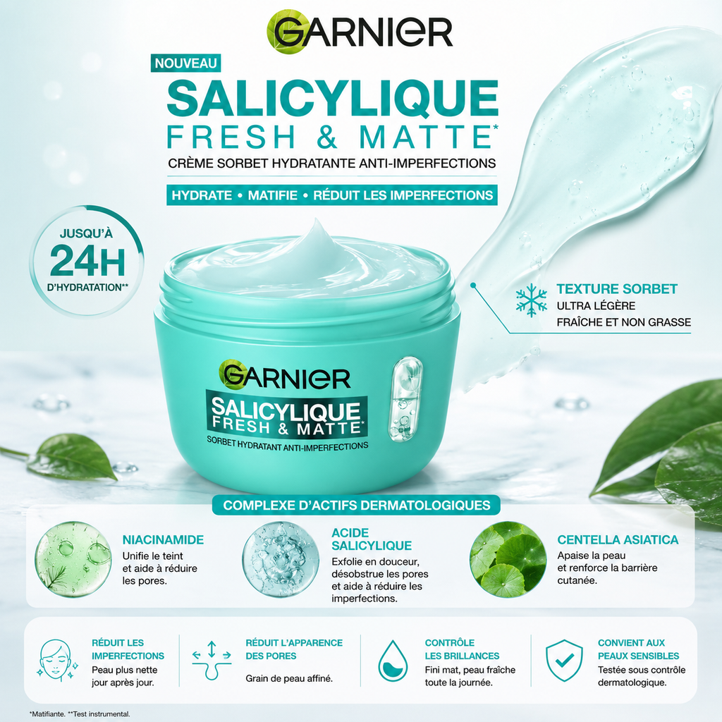 Garnier Salicylique Fresh & Matte Crème Sorbet Hydratante Anti-Imperfections – 85 ml