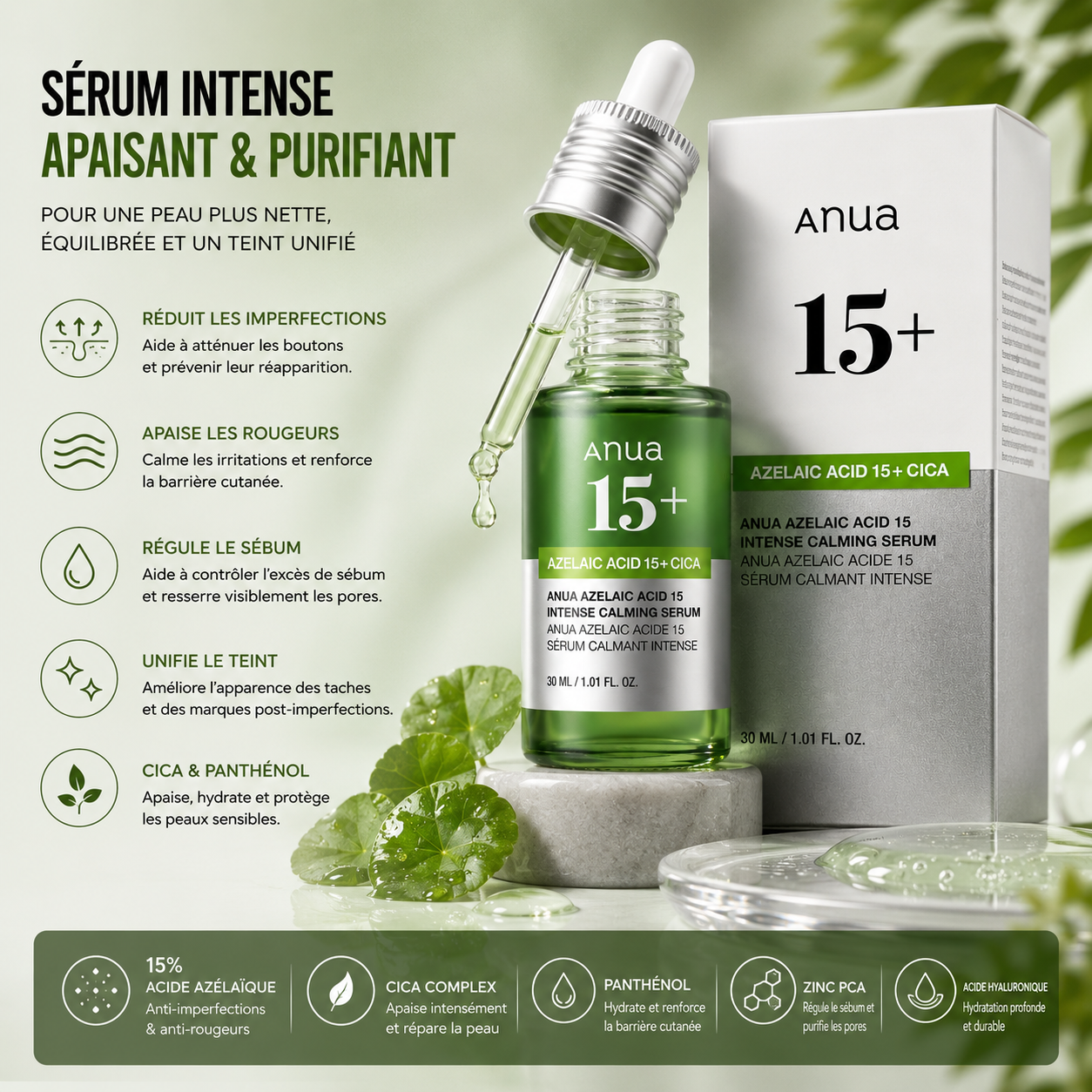 ANUA Azelaic Acid 15+ Cica Intense Calming Serum – Sérum Apaisant Anti-Imperfections
