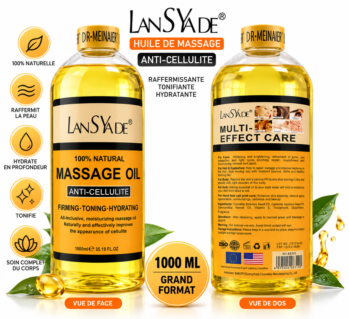 LANSYADE Huile de Massage Corps Anti-Cellulite 1000 ml – Raffermissante & Hydratante