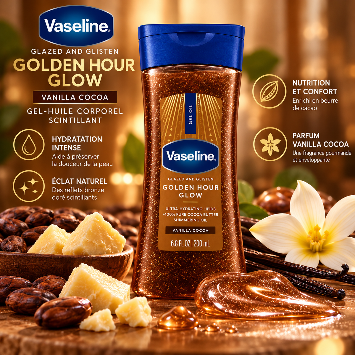 Vaseline Glazed & Glisten Golden Hour Glow – Gel-Huile Corporel Scintillant au Beurre de Cacao – Vanilla Cocoa – 200 ml