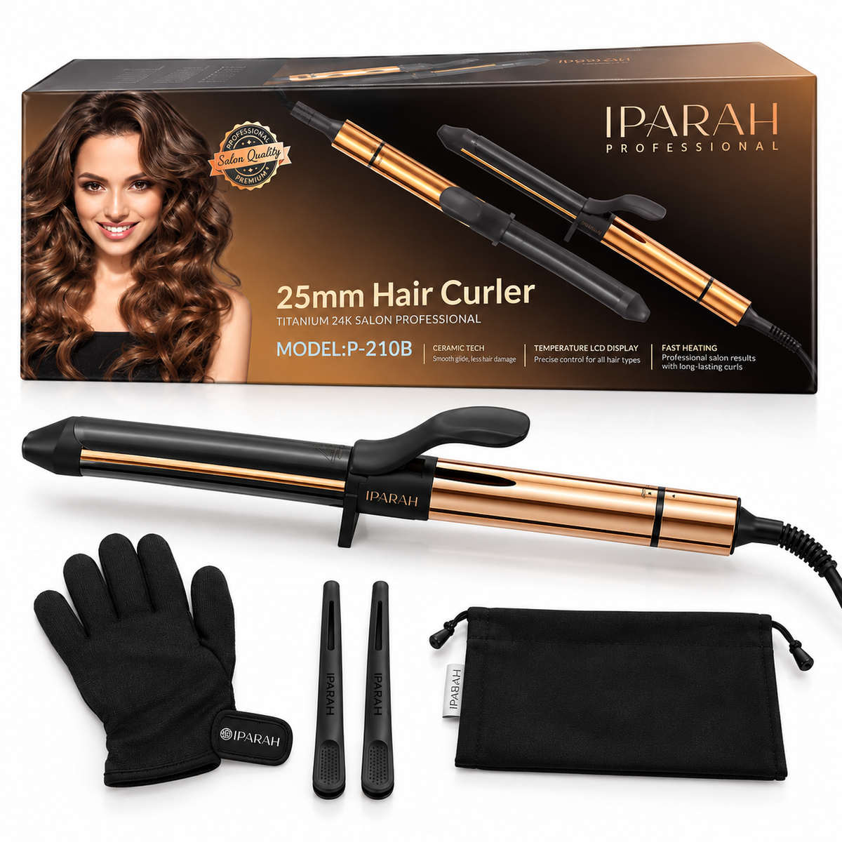 IPARAH P-210B – Fer à Boucler Professionnel 25 mm Ionique – Revêtement Céramique, Double Chauffe PTC, 65 W, Température Réglable 80–230 °C – Noir & Or