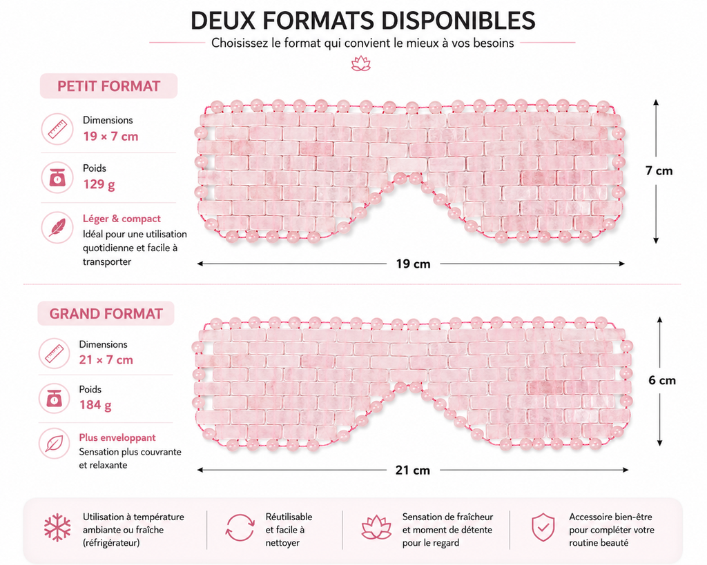 Masque Relaxant pour les Yeux en Pierres Roses Effet Quartz – Fraîcheur Réutilisable, 2 Formats