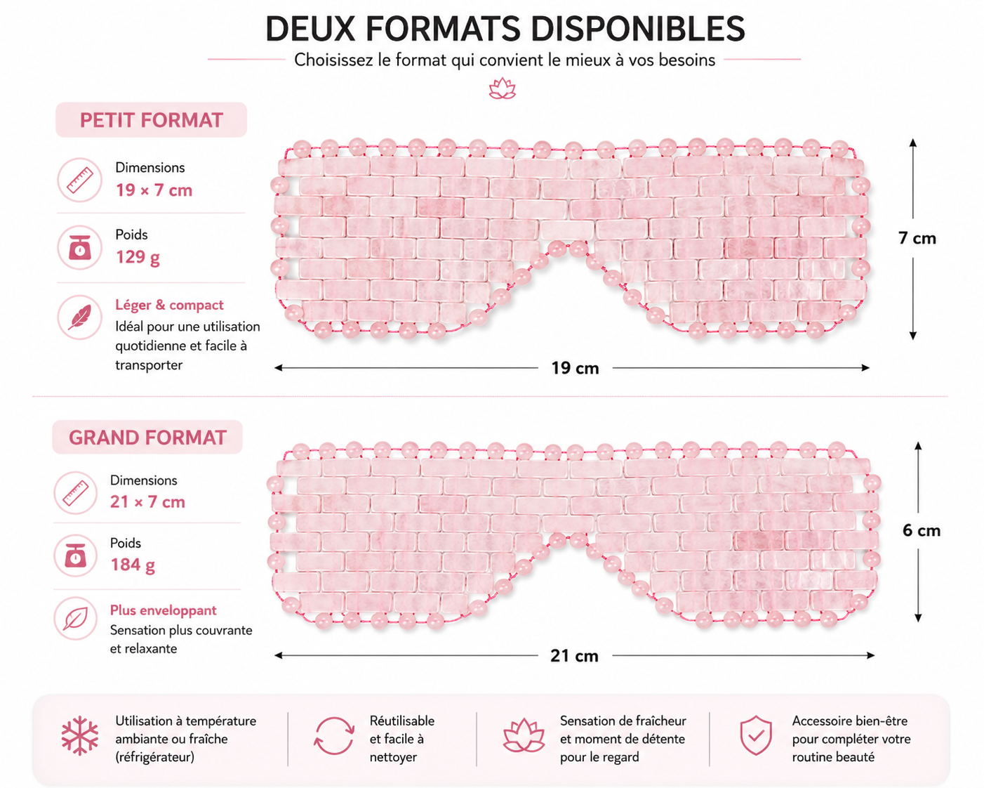 Masque Relaxant pour les Yeux en Pierres Roses Effet Quartz – Fraîcheur Réutilisable, 2 Formats