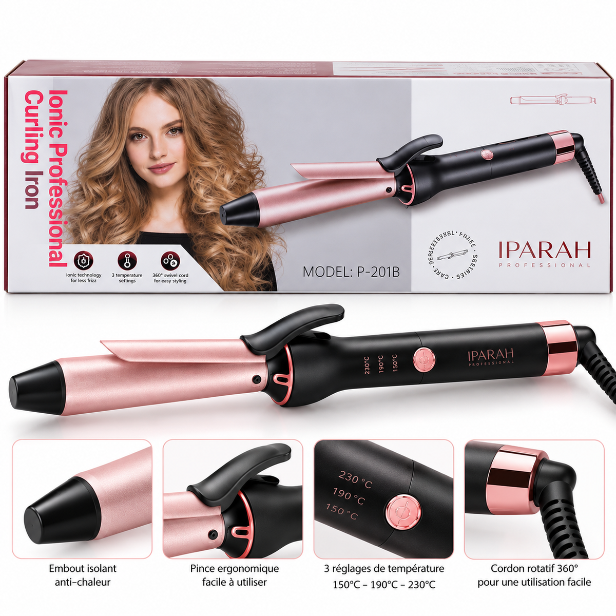 IPARAH P-201 – Fer à Boucler Professionnel Ionique 25 mm – Boucleur en Céramique, Chauffe Rapide PTC, 3 Températures Réglables – Rose Gold & Noir