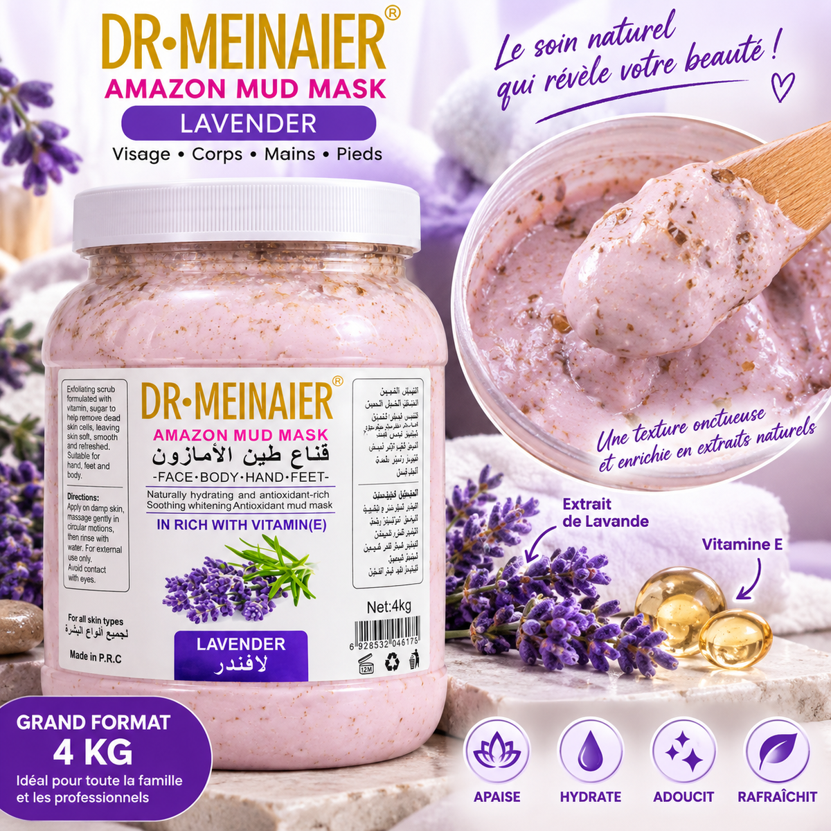DR.MEINAIER Amazon Mud Mask Lavande & Vitamine E 4 kg – Masque Visage, Corps, Mains & Pieds