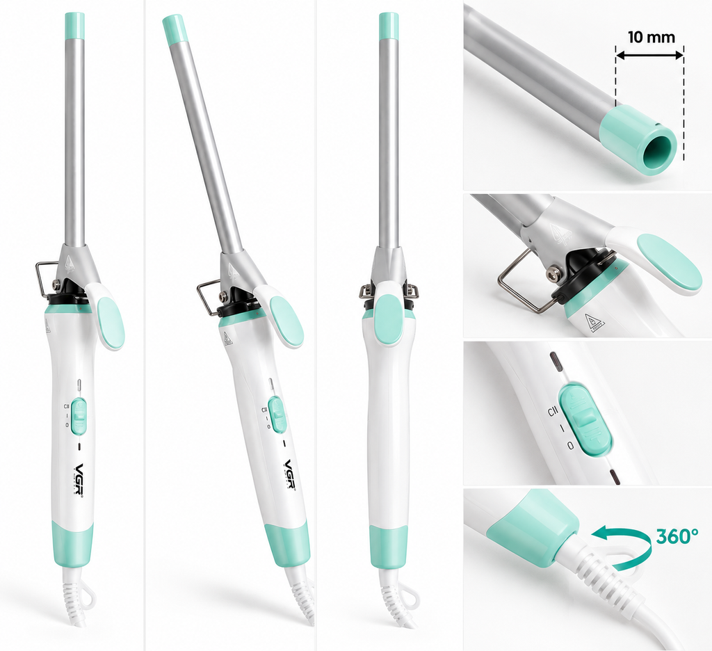 VGR V-576 – Fer À Boucler Professionnel Céramique 10 mm, Boucles Serrées Et Définies, Chauffe Rapide PTC, 2 Températures Jusqu'à 220 °C – Blanc