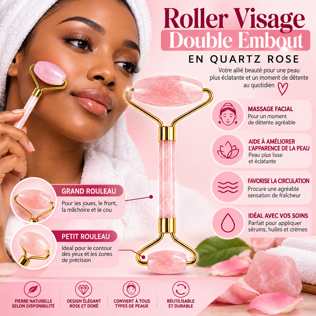 Roller Visage Double Embout en Quartz Rose – Rouleau de Massage Facial